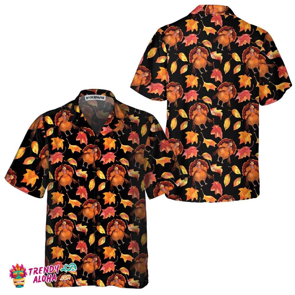 Thanksgiving Turkeys In Hats And Autumn Maple Leaves Hawaiian Shirt, Funny Turkey Shirt, Gift For Thanksgiving Day Thanksgiving Turkeys In Hats And Autumn Maple Leaves Hawaiian Shirt, Funny Turkey Shirt, Gift For Thanksgiving Day