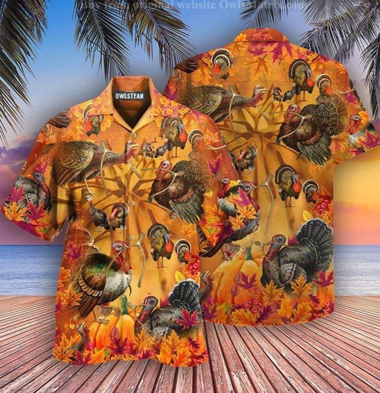 Thanksgiving’s Orange Hue with Turkeys on Hawaiian Shirt