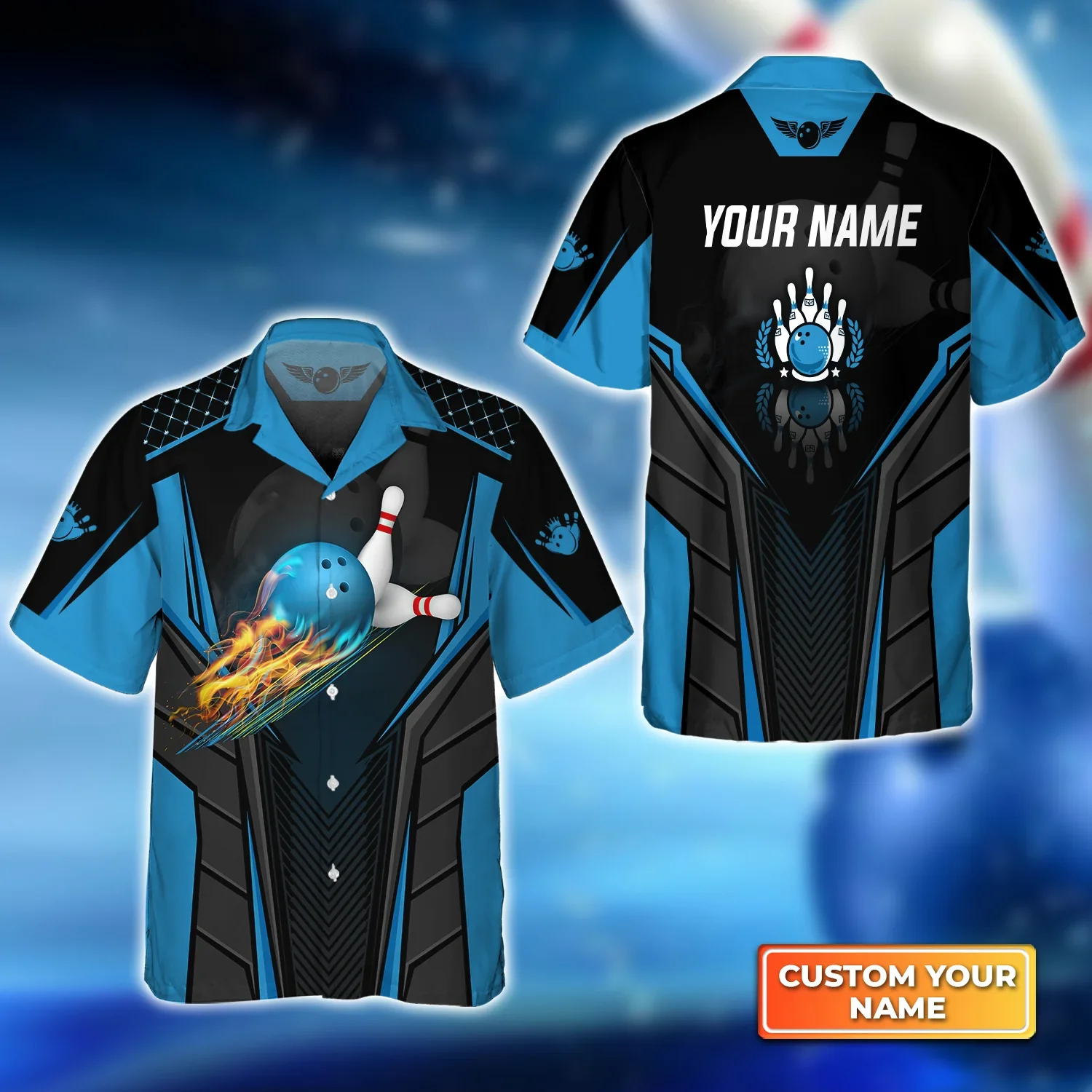 The Blue Bowling Ball In Flames Breaks White Skittles Trendy Hawaiian Shirt, Bowling Trendy Hawaiian Shirt For Men, Women, Bowling Team Shirt
