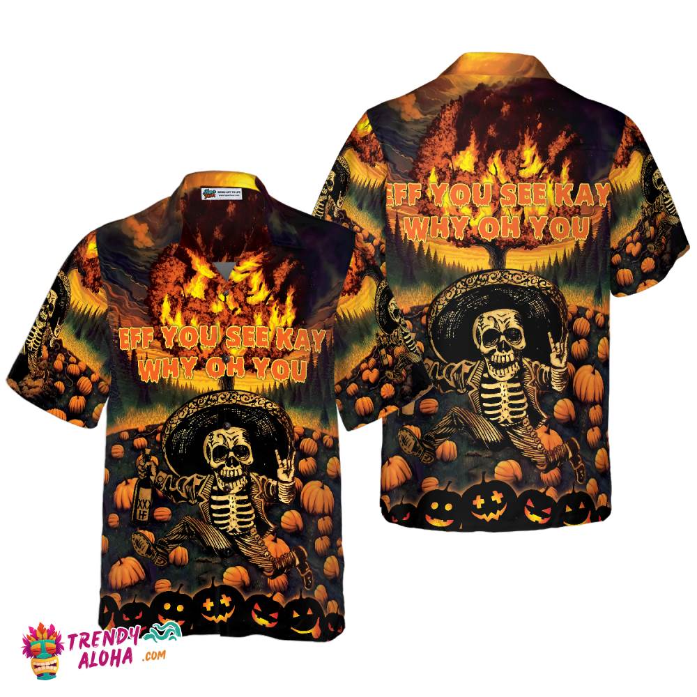 The Burning Pumpkin Sky & Skeleton Halloween Hawaiian Shirt, Halloween Shirt For Men And Women