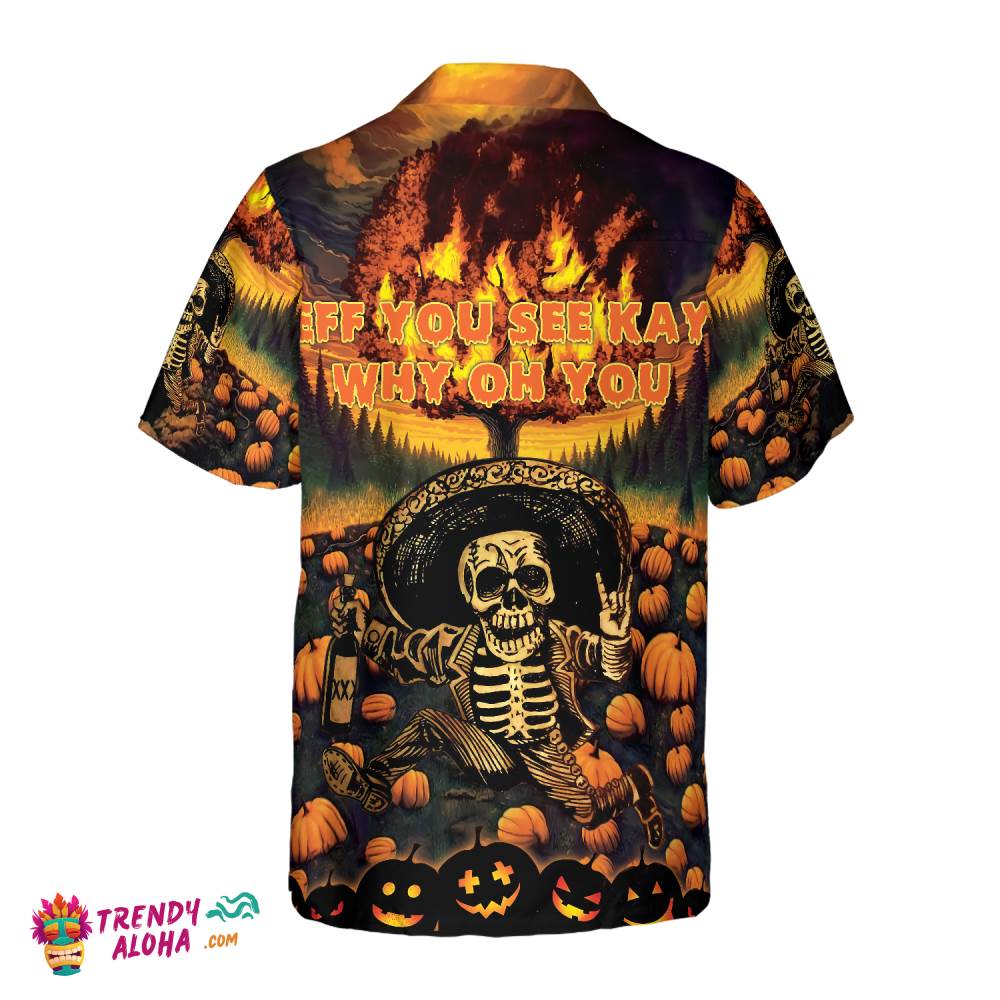 The Burning Pumpkin Sky & Skeleton Halloween Hawaiian Shirt, Halloween Shirt For Men And Women