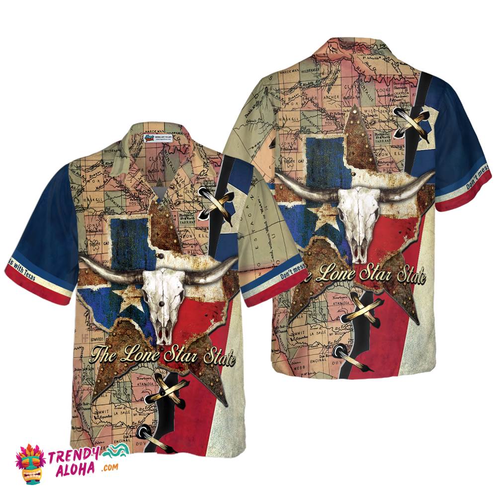 The Lone Star State Map Pattern Texas Longhorns Hawaiian Shirt, Don’t Mess With Texas Shirt, Texas Home Shirt For Men The Lone Star State Map Pattern Texas Longhorns Hawaiian Shirt, Don’t Mess With Texas Shirt, Texas Home Shirt For Men