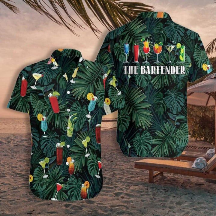 The Tropical Bartender Cocktails On Leaf Pattern Trendy Hawaiian Shirt, Summer Trendy Hawaiian Shirt For Men And Women
