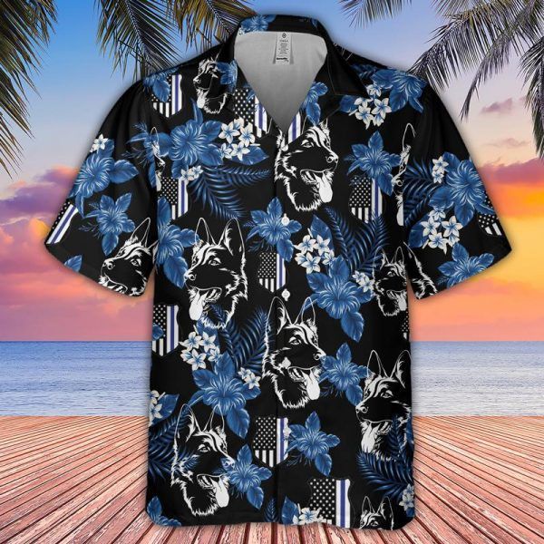 Thin Blue Line Hawaii Shirt German Shepherd Police Seamless Pattern Trendy Hawaiian Shirt