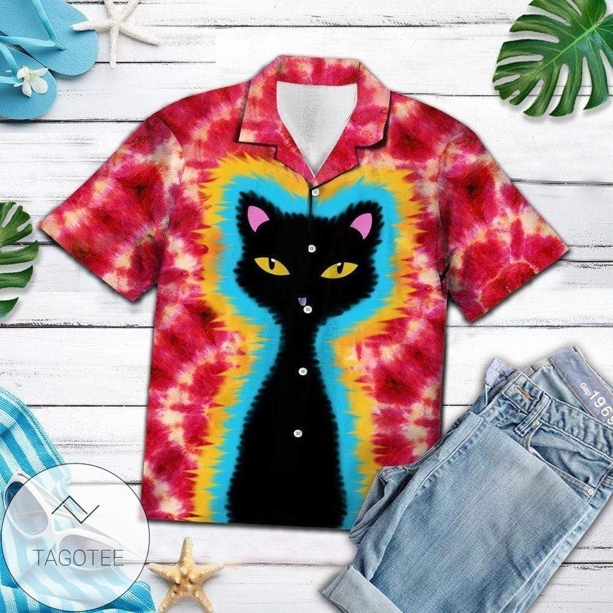 Tie Dye Effect Adorns This Hawaiian Shirt With A Black Cat Hippie Theme