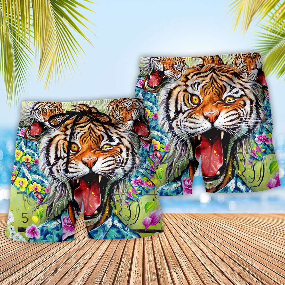 Tiger Awesome With Floral Trendy Aloha Hawaiian Beach Shorts