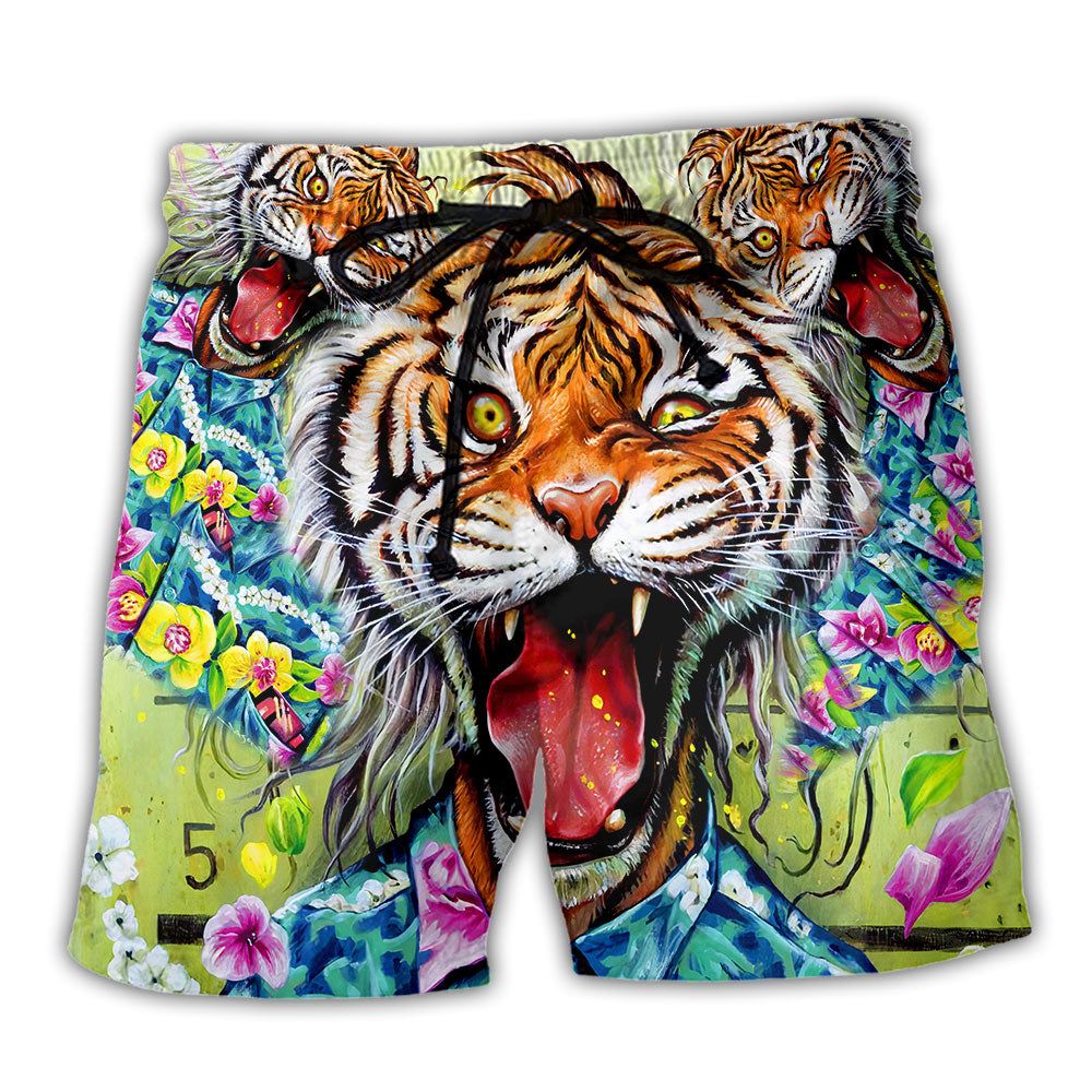 Tiger Awesome With Floral Trendy Aloha Hawaiian Beach Shorts