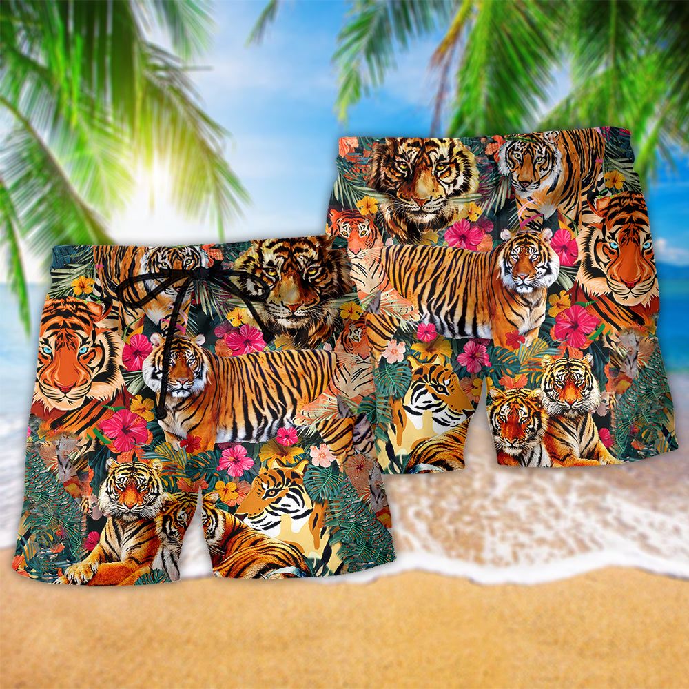 Tiger Be A Jungle Tiger Not A Zoo Tiger Floral Trendy Aloha Hawaiian Beach Shorts