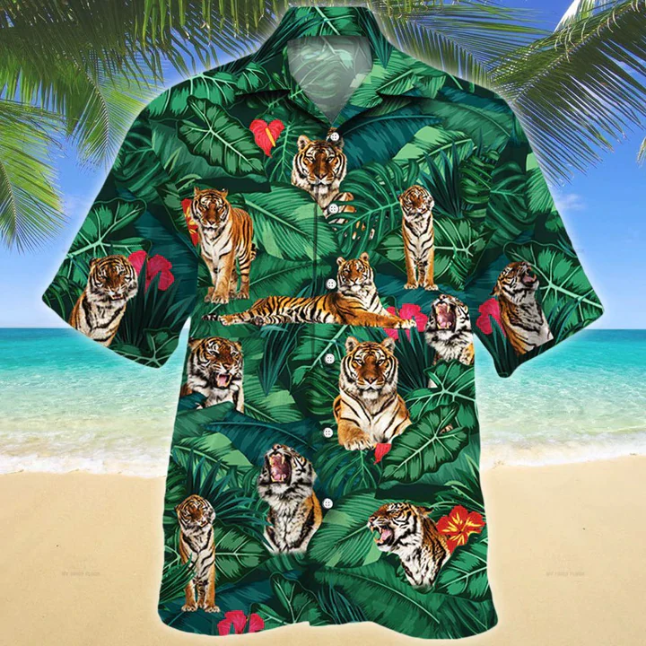 Tiger Lovers Gift Trendy Hawaiian Shirt, Tiger Trendy Hawaiian Shirt Vintage Flower, Short Sleeve Hawaiian Aloha Shirt For Men, Women