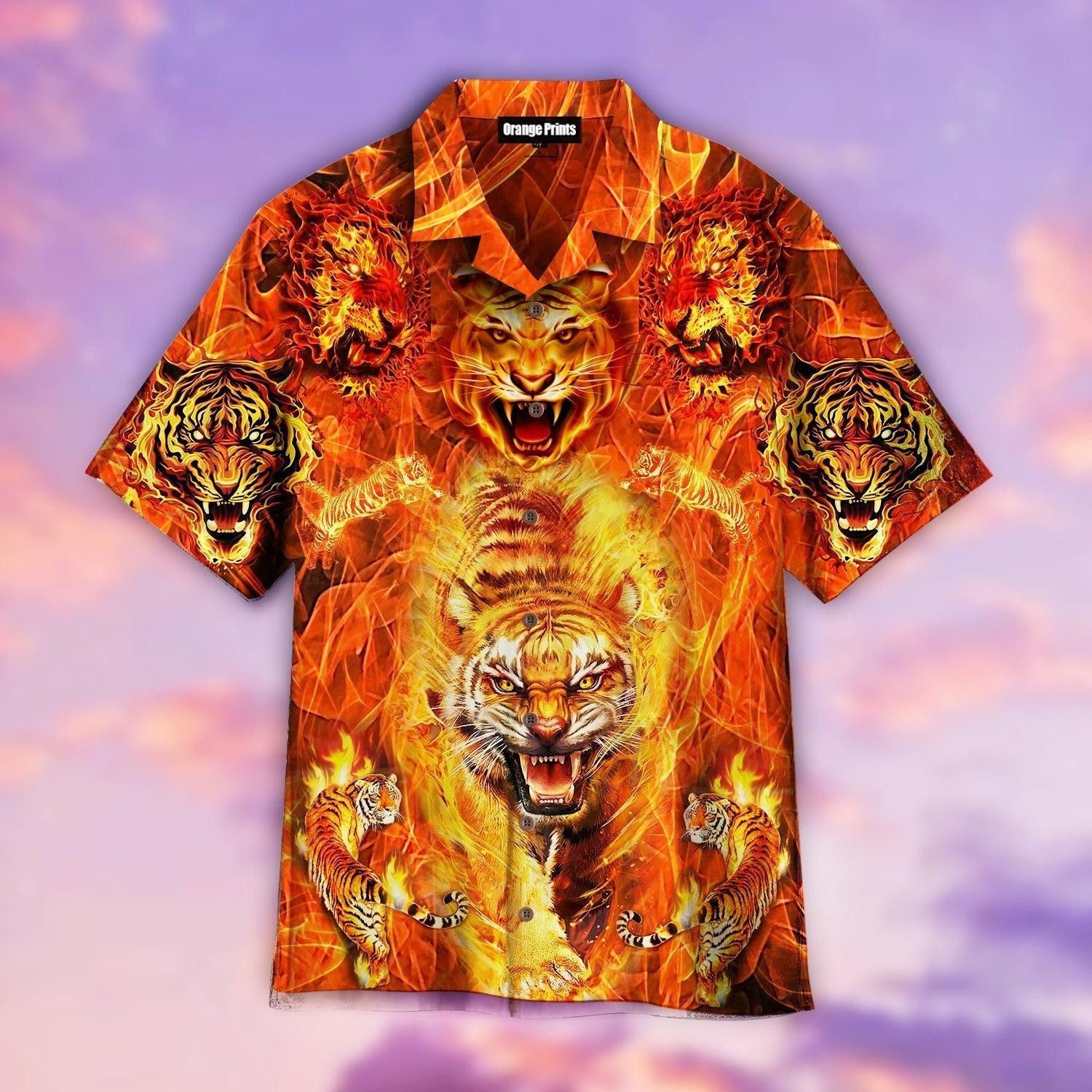 Tiger Playing With Fire Trendy Hawaiian Shirt For