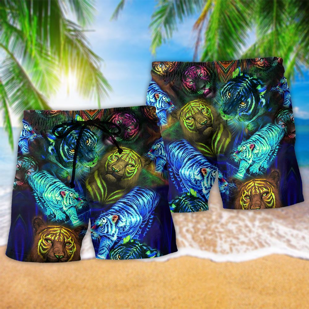 Tiger Powerful Neon Color Trendy Aloha Hawaiian Beach Shorts