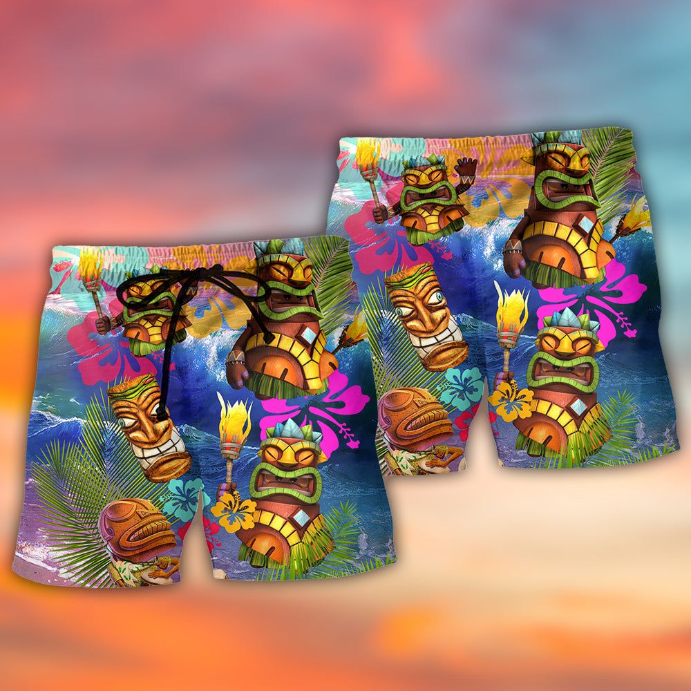 Tiki Aloha Tiki Happy Tropical Flower Trendy Aloha Hawaiian Beach Shorts
