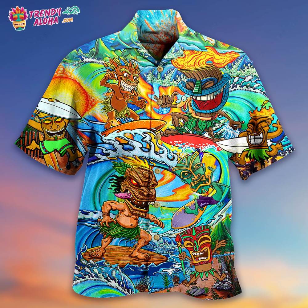 Tiki Aloha Tiki Surfing Into The Sunset Hawaiian Shirt – Trendy Aloha