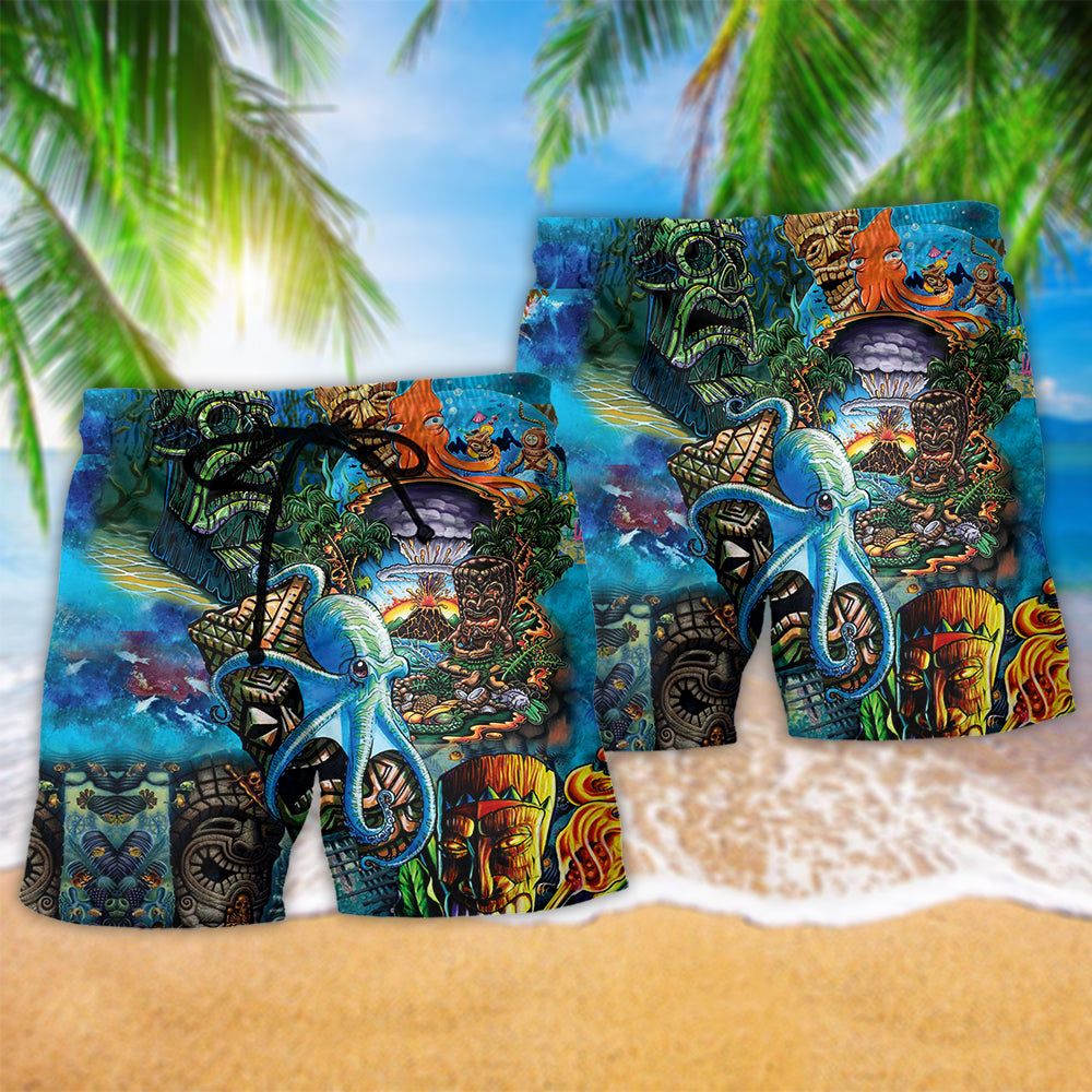 Tiki And Ocean Colorful Trendy Aloha Hawaiian Beach Shorts
