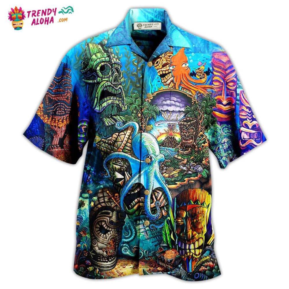 Tribal Tiki Shark Hawaiian Shirt For Men, Navy Tiki Hawaiian Shirts HE0162 main image 1