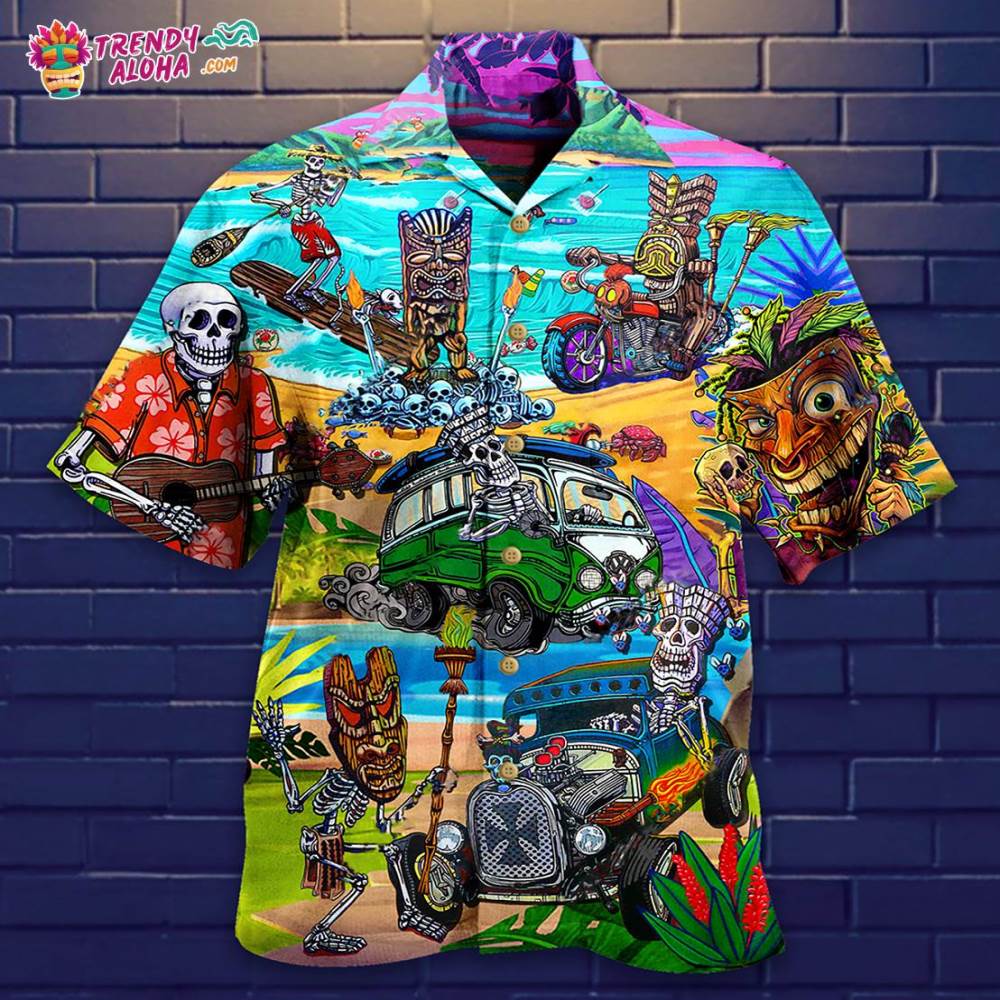 Tiki And Skull Blue Sea Hawaiian Shirt – Trendy Aloha