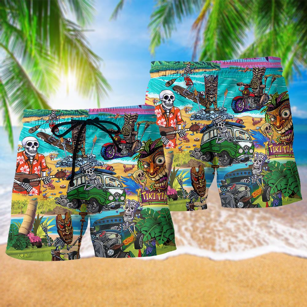 Tiki And Skull Love Summer Trendy Aloha Hawaiian Beach Shorts