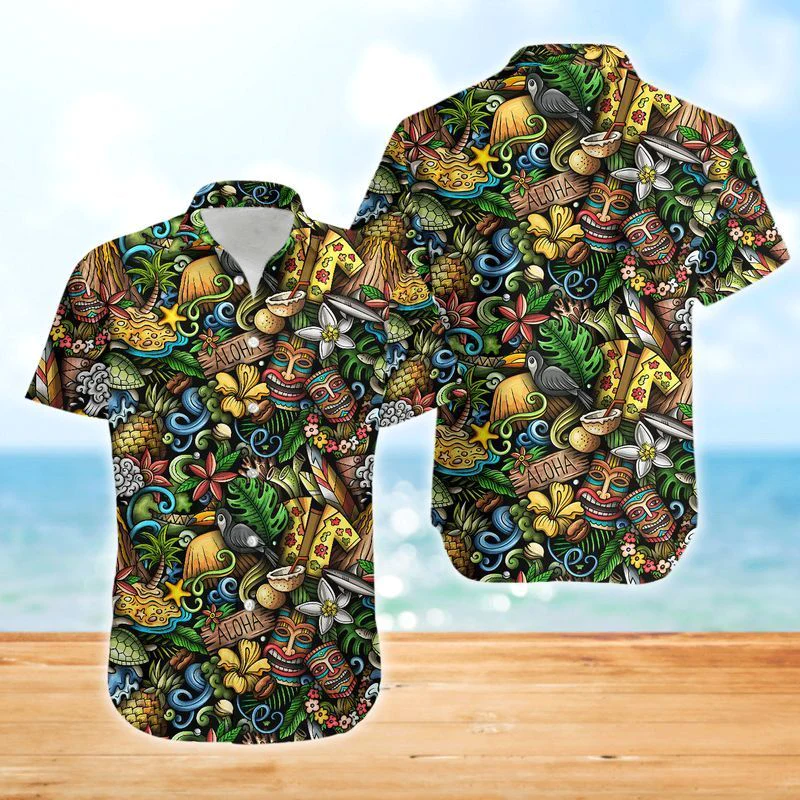Tiki Charms Meet Vibrant Colors on Hawaiian Shirt