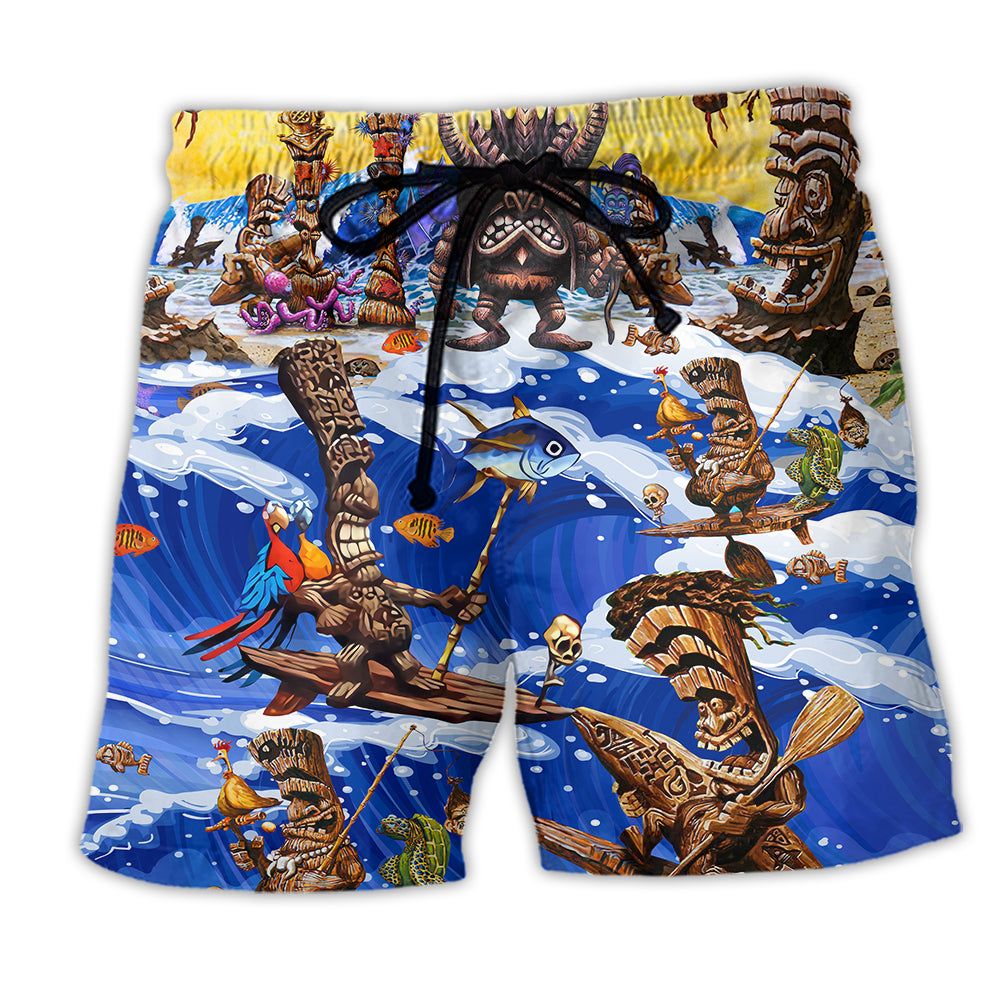 Tiki Happy Surfing Day Trendy Aloha Hawaiian Beach Shorts Tiki Happy Surfing Day Trendy Aloha Hawaiian Beach Shorts