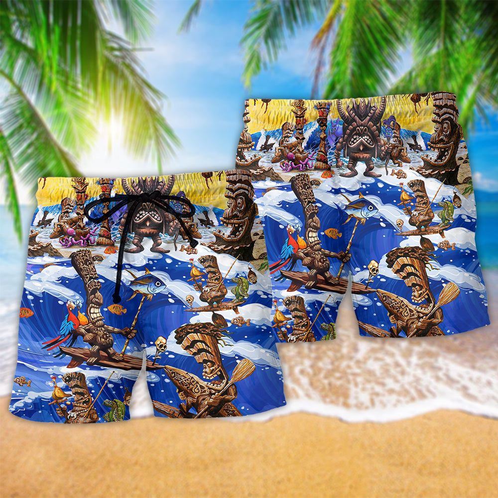 Tiki Happy Surfing Day Trendy Aloha Hawaiian Beach Shorts