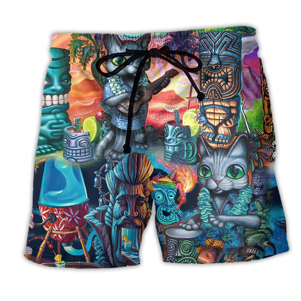 Tiki It’s Tiki Time And Cat Trendy Aloha Hawaiian Beach Shorts