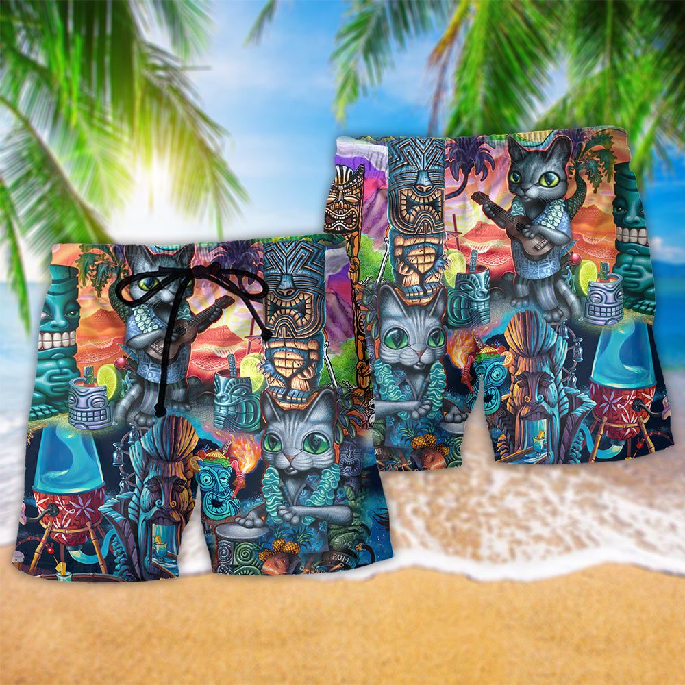 Tiki It’s Tiki Time And Cat Trendy Aloha Hawaiian Beach Shorts