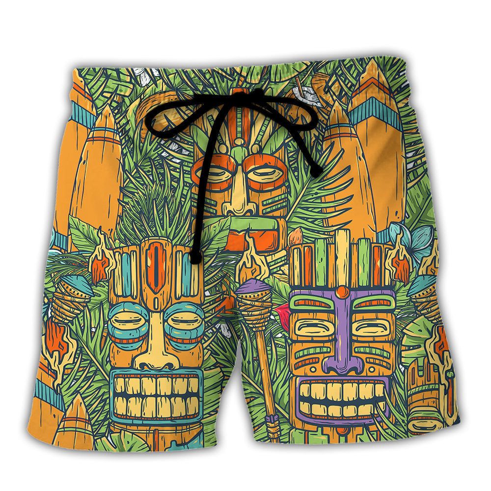 Tiki Mask Tropical Hawaii Sur Board And Palm Leaves Trendy Aloha Hawaiian Beach Shorts Tiki Mask Tropical Hawaii Sur Board And Palm Leaves Trendy Aloha Hawaiian Beach Shorts