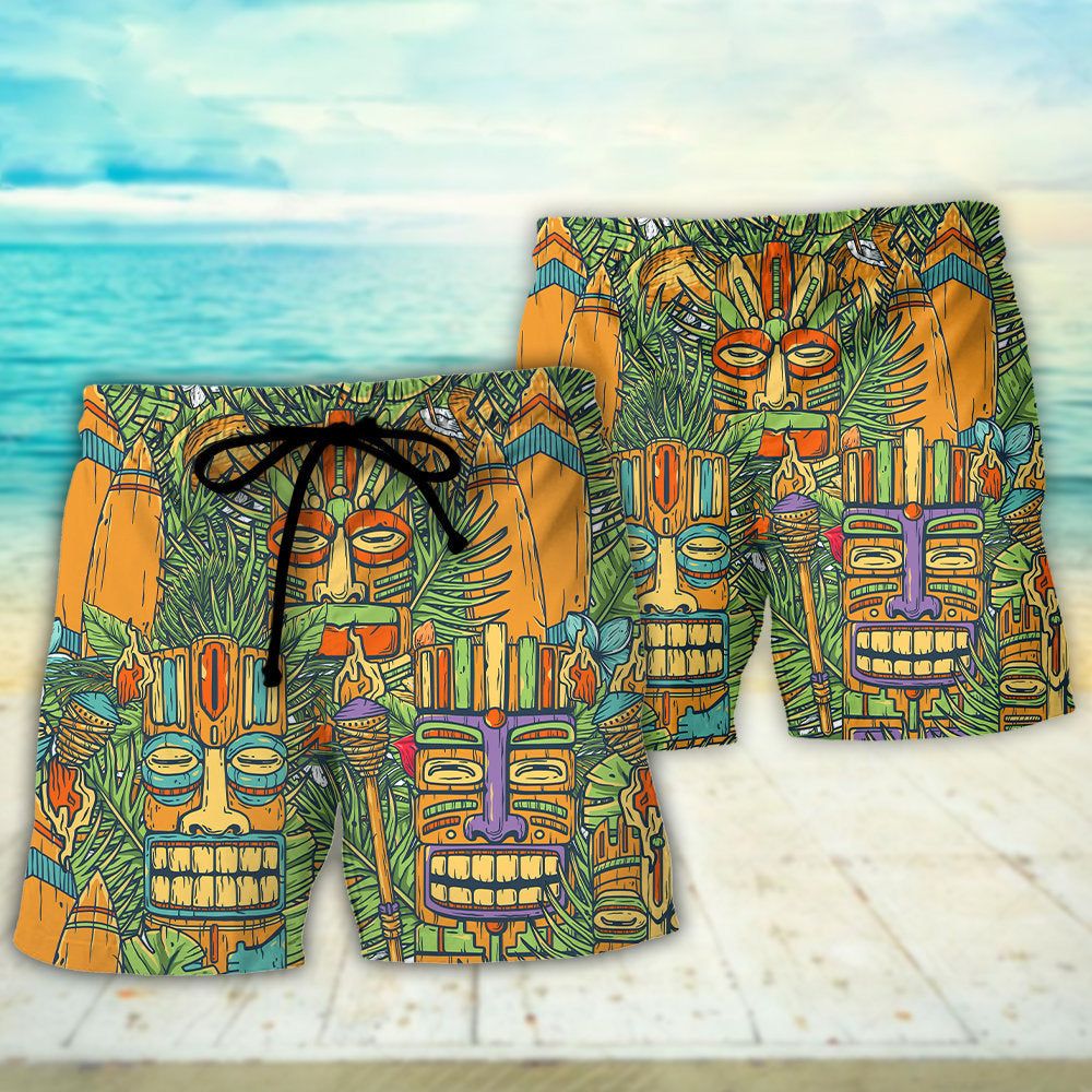 Tiki Mask Tropical Hawaii Sur Board And Palm Leaves Trendy Aloha Hawaiian Beach Shorts