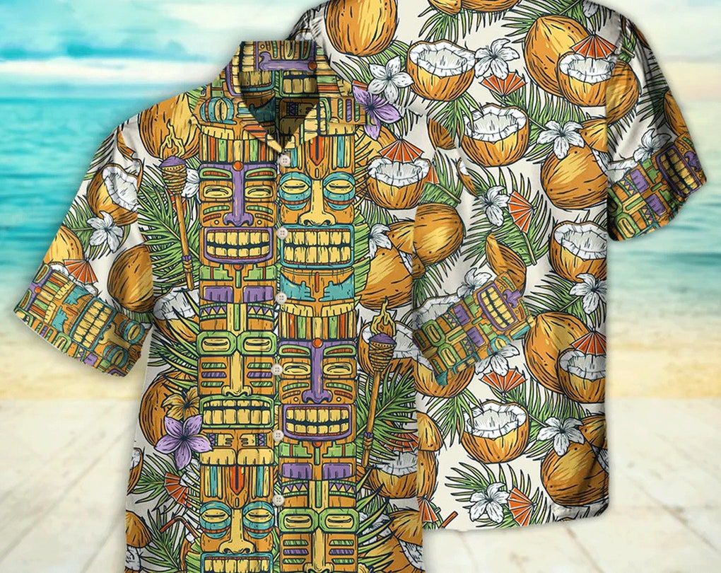 Tiki Tradition Tribal Mask And Coconut Tropical, Gift For Summer, Gifts For Bachelor Party, Hawaiian Set Gift, Funny Trendy Hawaiian Shirt.