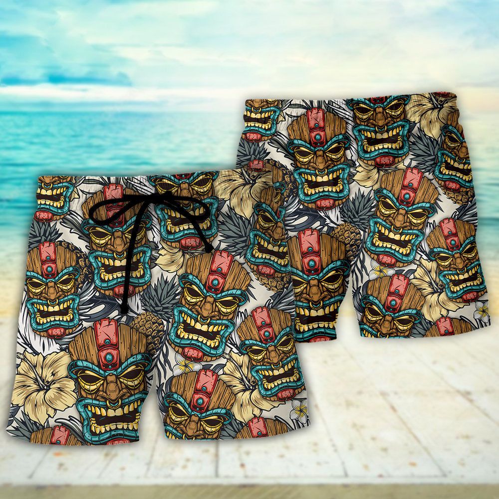 Tiki Tribal Mask With Tropical Leaves Trendy Aloha Hawaiian Beach Shorts