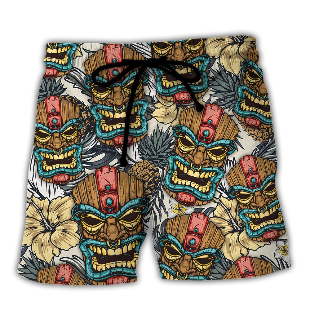Tiki Tribal Mask With Tropical Leaves Trendy Aloha Hawaiian Beach Shorts Tiki Tribal Mask With Tropical Leaves Trendy Aloha Hawaiian Beach Shorts