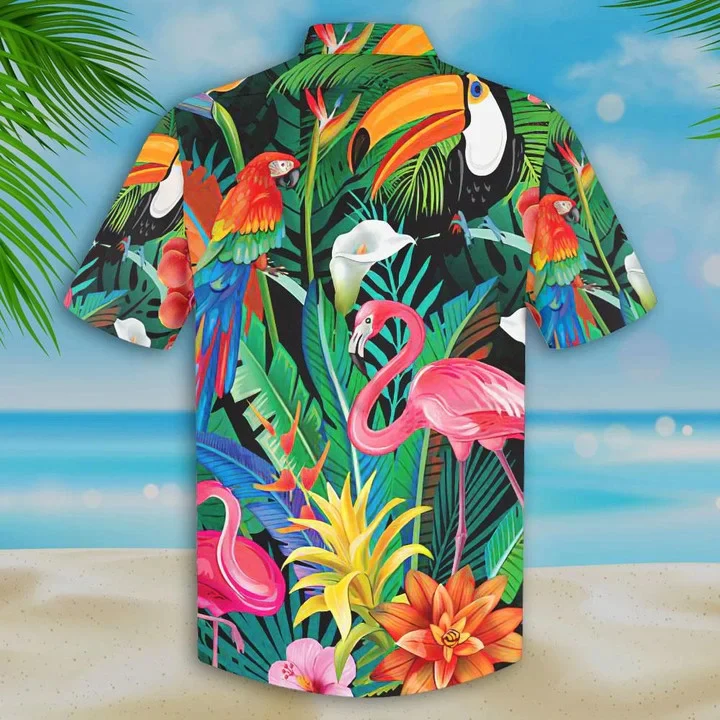 Toucan And Flamingo Ornamental Trendy Hawaiian Shirt, Flamingo Flower Hawaii Shirt