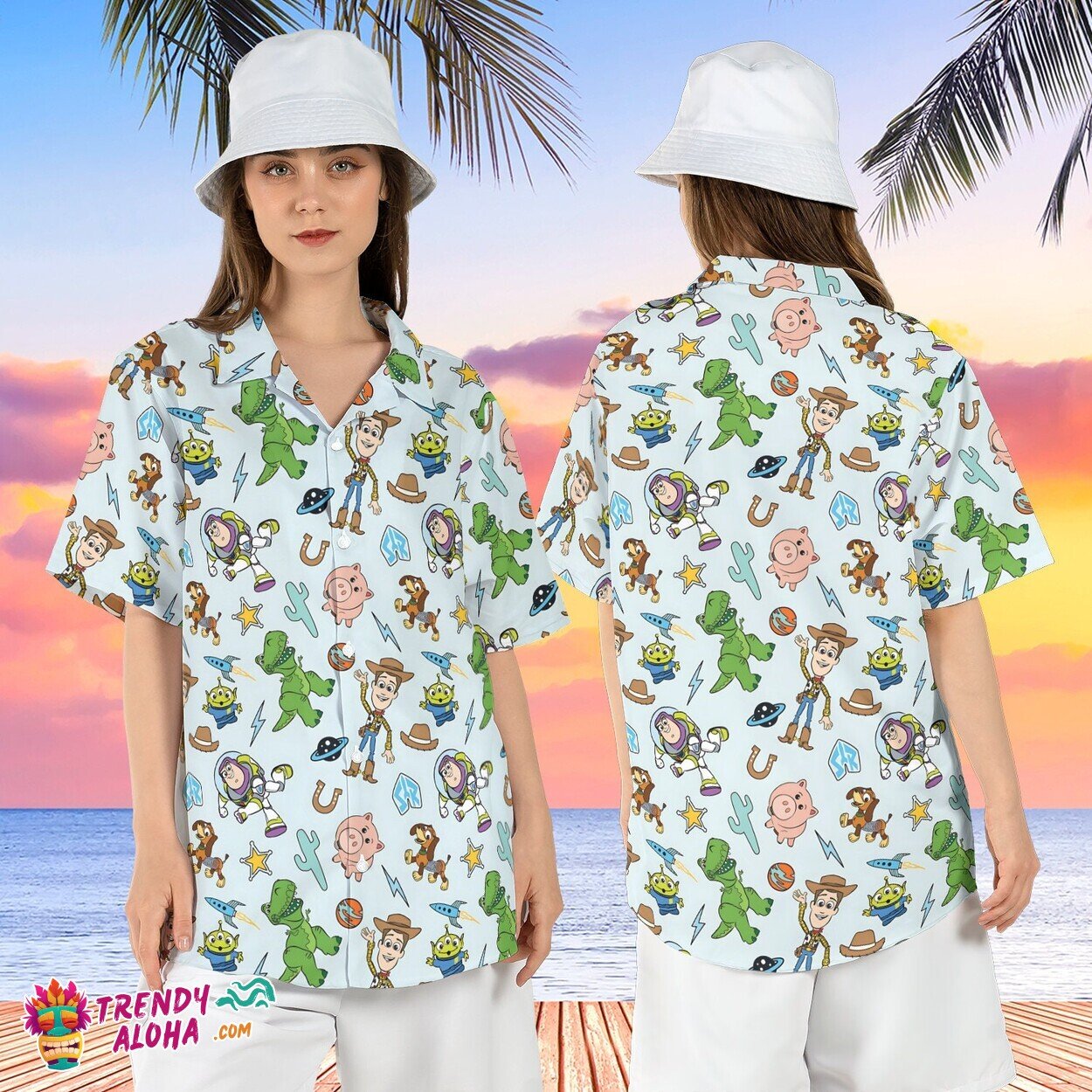 Toy Story Woody Buzz Pixar Tropical Disneyworld Summer Aloha Top