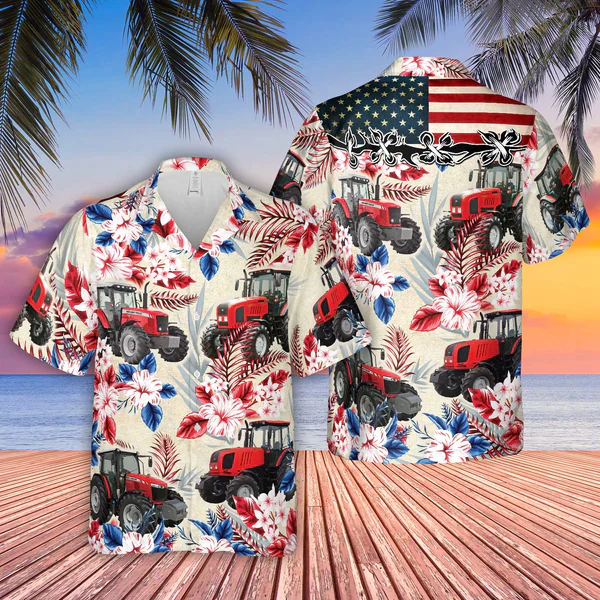 Tractor Pattern Us Flag Trendy Hawaiian Shirt, Farm Trendy Hawaiian Shirt For Men And Women