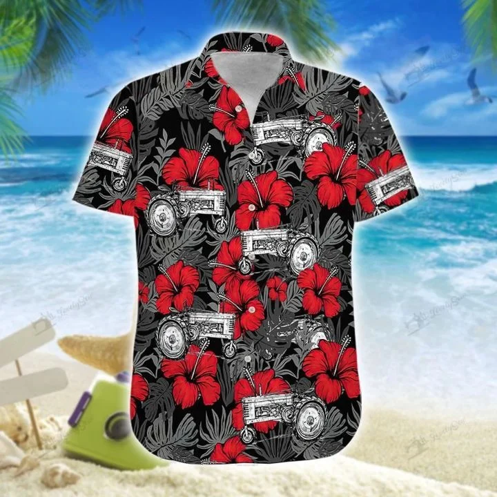 Tractor Red Hibiscus Vibrant 3D Hawaiian Shirt Design