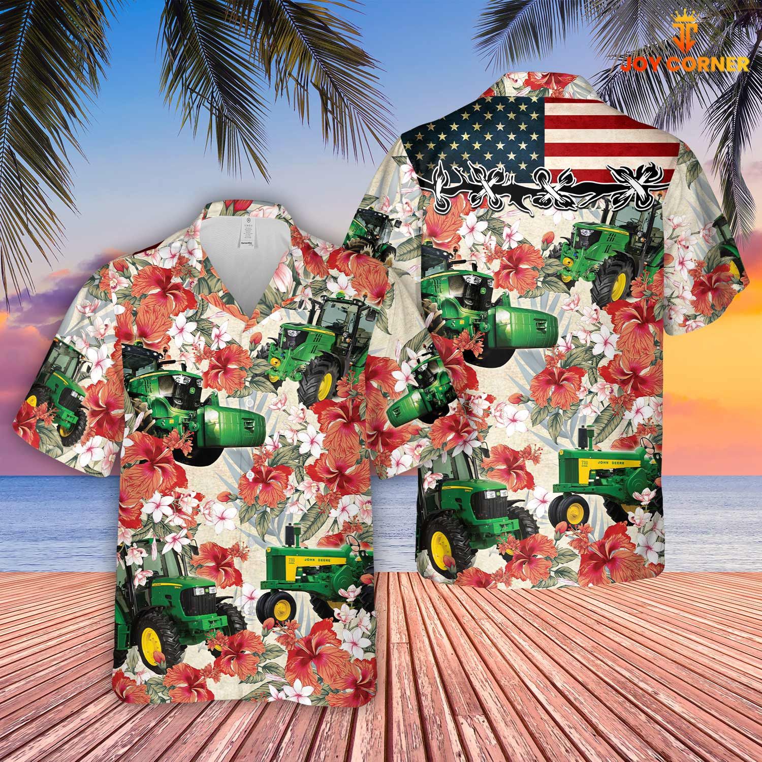 Tractor Us Flag Floral Hibiscus 3D Hawaiian Shirt Vibrant Print