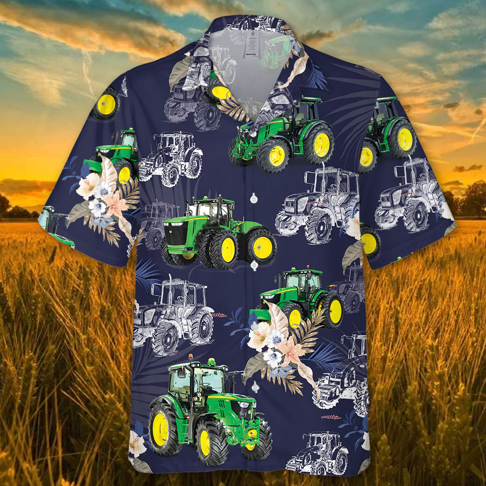 Tractor White Illustration Vibrant 3D Hawaiian Shirt