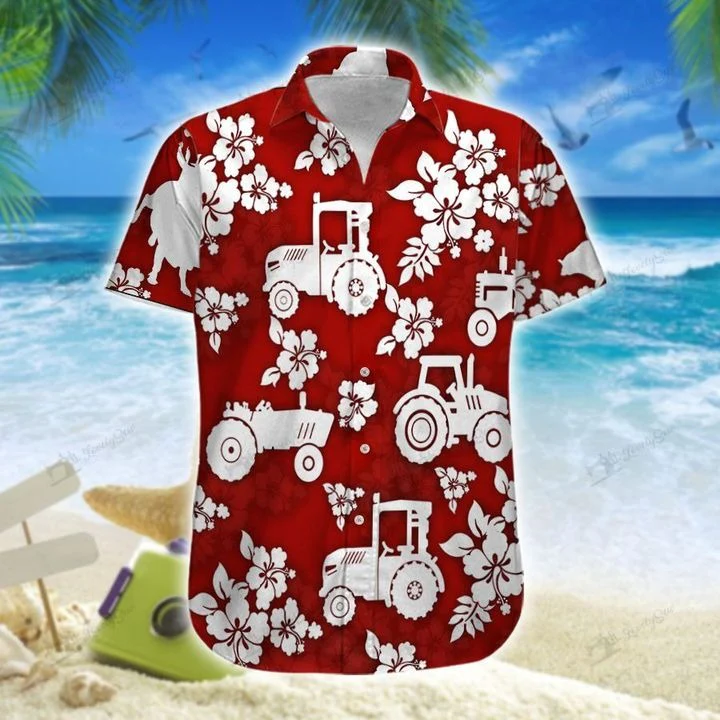 Tractors Hawaiian Theme Red All Printed 3D Hawaiian Shirt