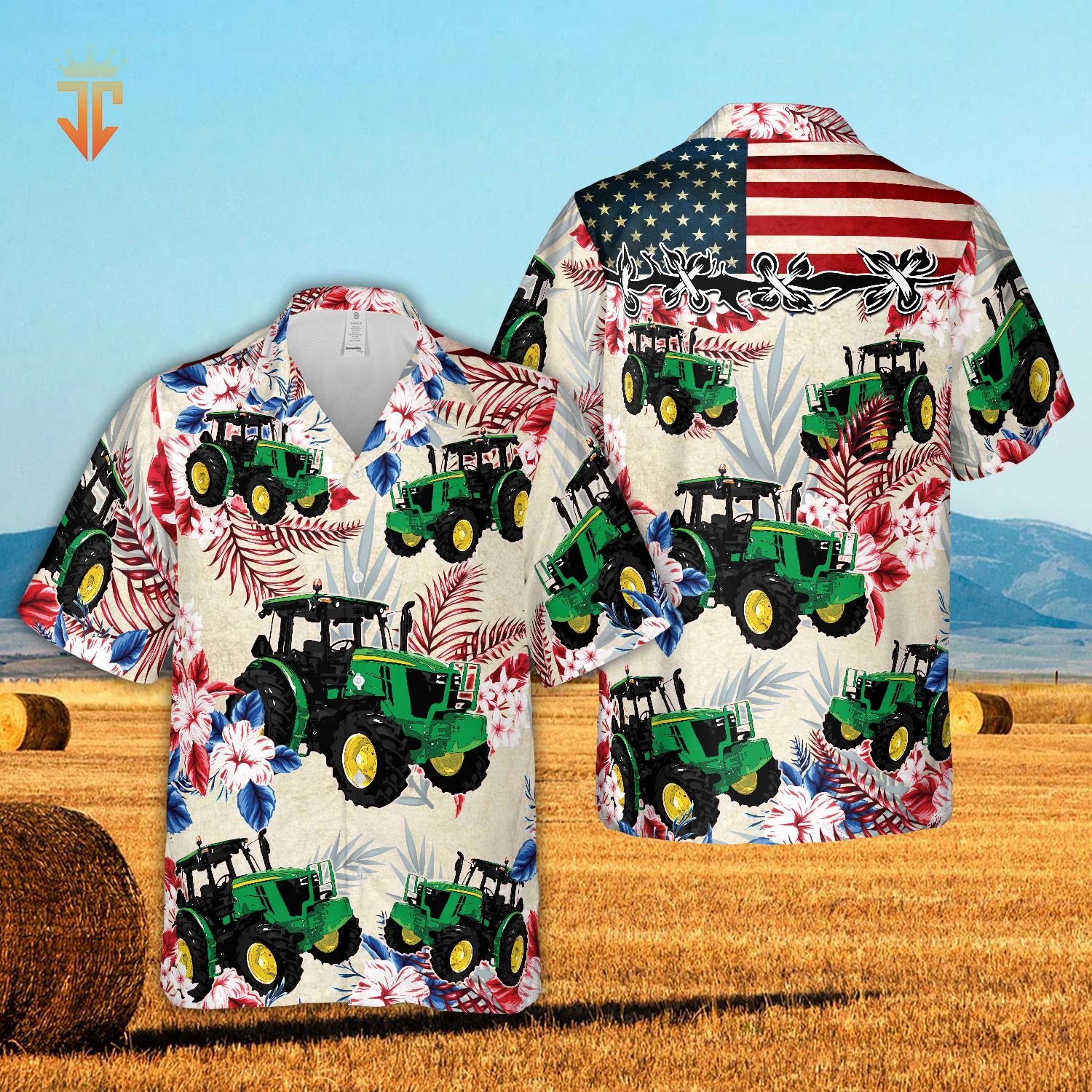 Tractors Hibiscus United State Flag All Over Printed 3D Hawaiian Shirt