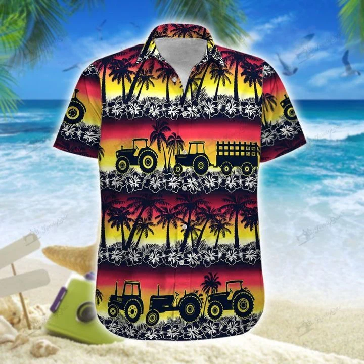 Tractors In Sunset Scene 3D Hawaiian Shirt Vibrant Printed Design