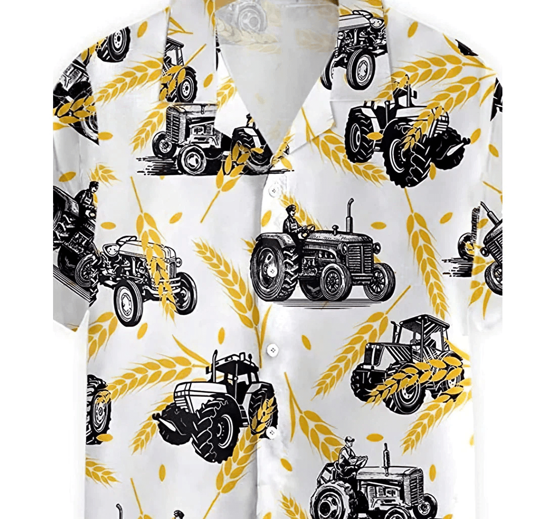 Tractors On Wheat Pattern Summer Clothes Trendy Hawaiian Shirt, Button Up Aloha Shirt For Men, Women