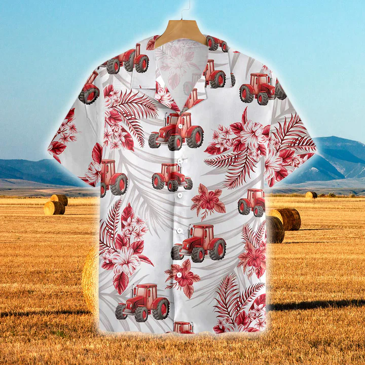 Tractors Red Hibiscus All Over Printed 3D Trendy Hawaiian Shirt, Trendy Hawaiian Shirt Gift For Men And Women