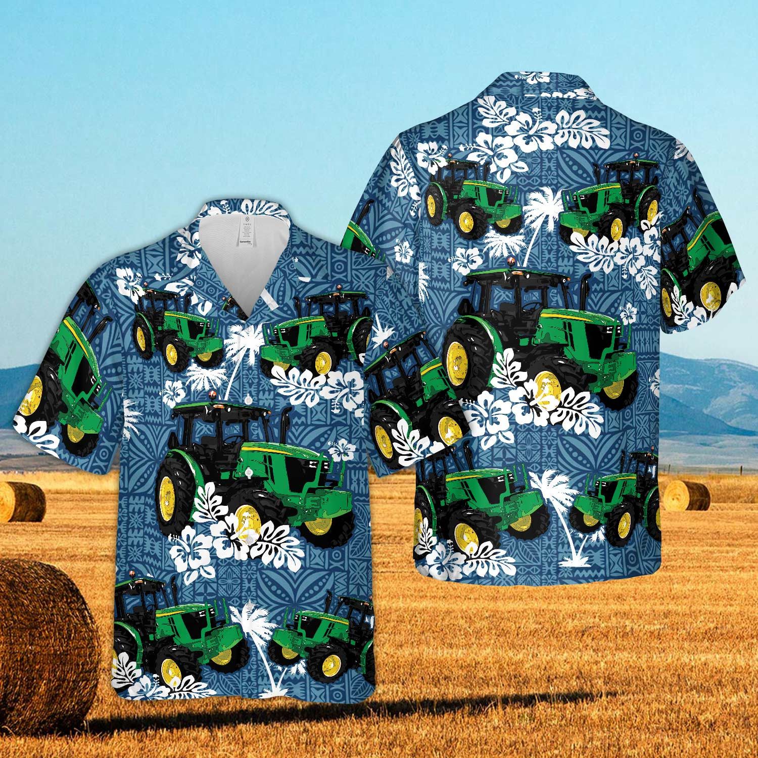Tractors Tropical Leaves Blue All Over Printed 3D Hawaiian Shirt
