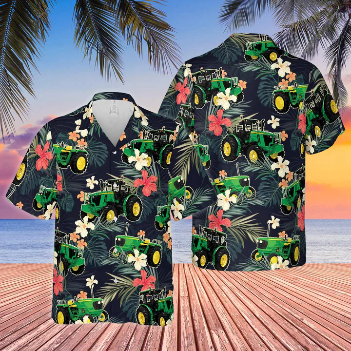 Tractors Tropical Plants Dark Blue All Over Printed 3D Trendy Hawaiian Shirt