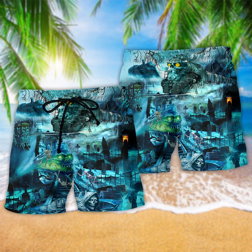 Train Ghost Blue Style Trendy Aloha Hawaiian Beach Shorts