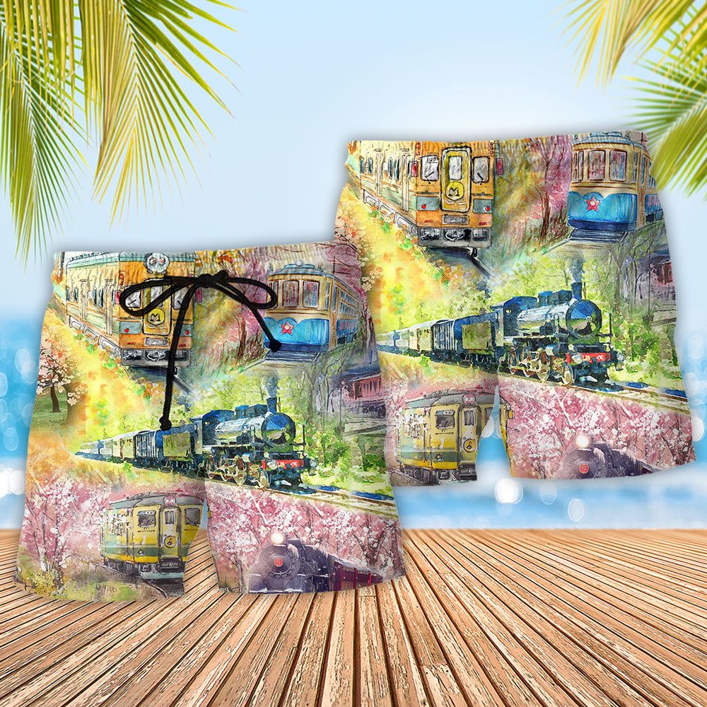 Train Love Floral Style Trendy Aloha Hawaiian Beach Shorts