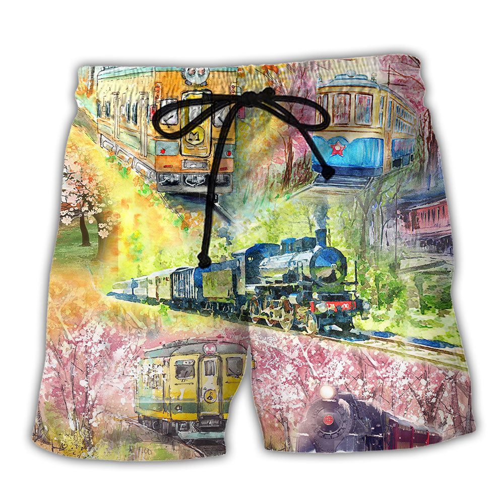 Train Love Floral Style Trendy Aloha Hawaiian Beach Shorts Train Love Floral Style Trendy Aloha Hawaiian Beach Shorts