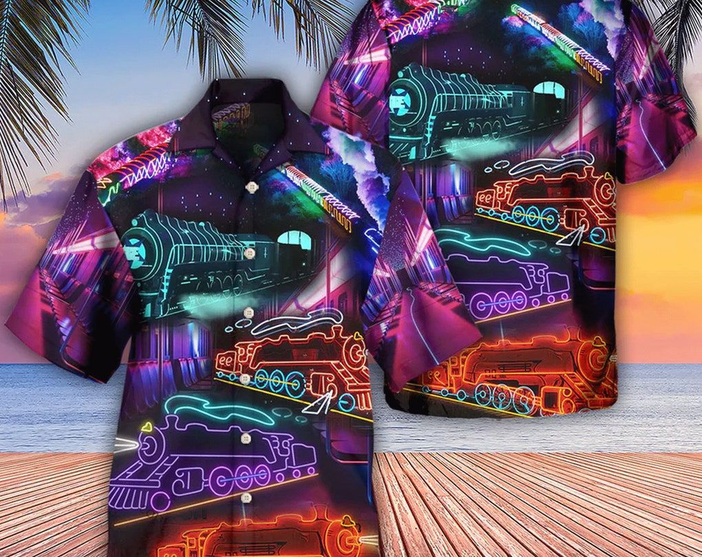 Train Neon Art Night Life, Hawaii Shirt Party Summer, Tropical Beach Shirt Button Down Shirt, Best Gifts For Men, Hawaiian Set Gift.