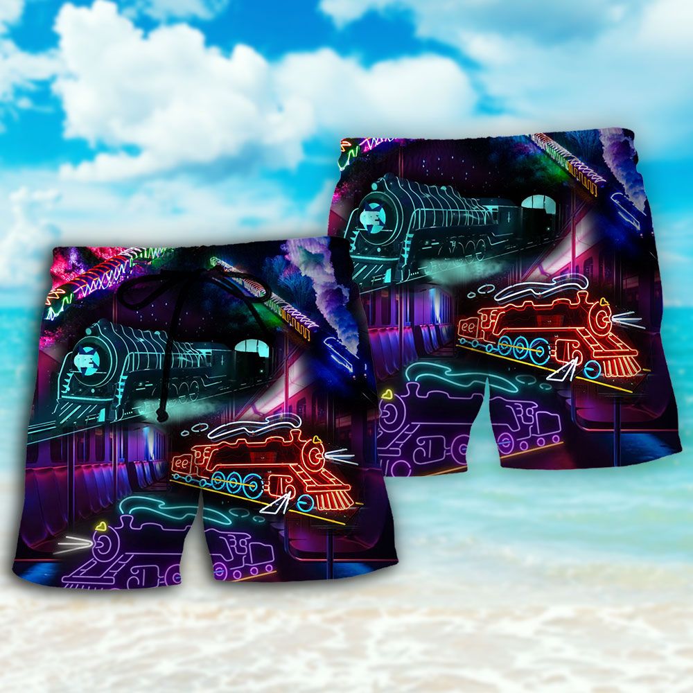 Train Neon Art Night Life Trendy Aloha Hawaiian Beach Shorts
