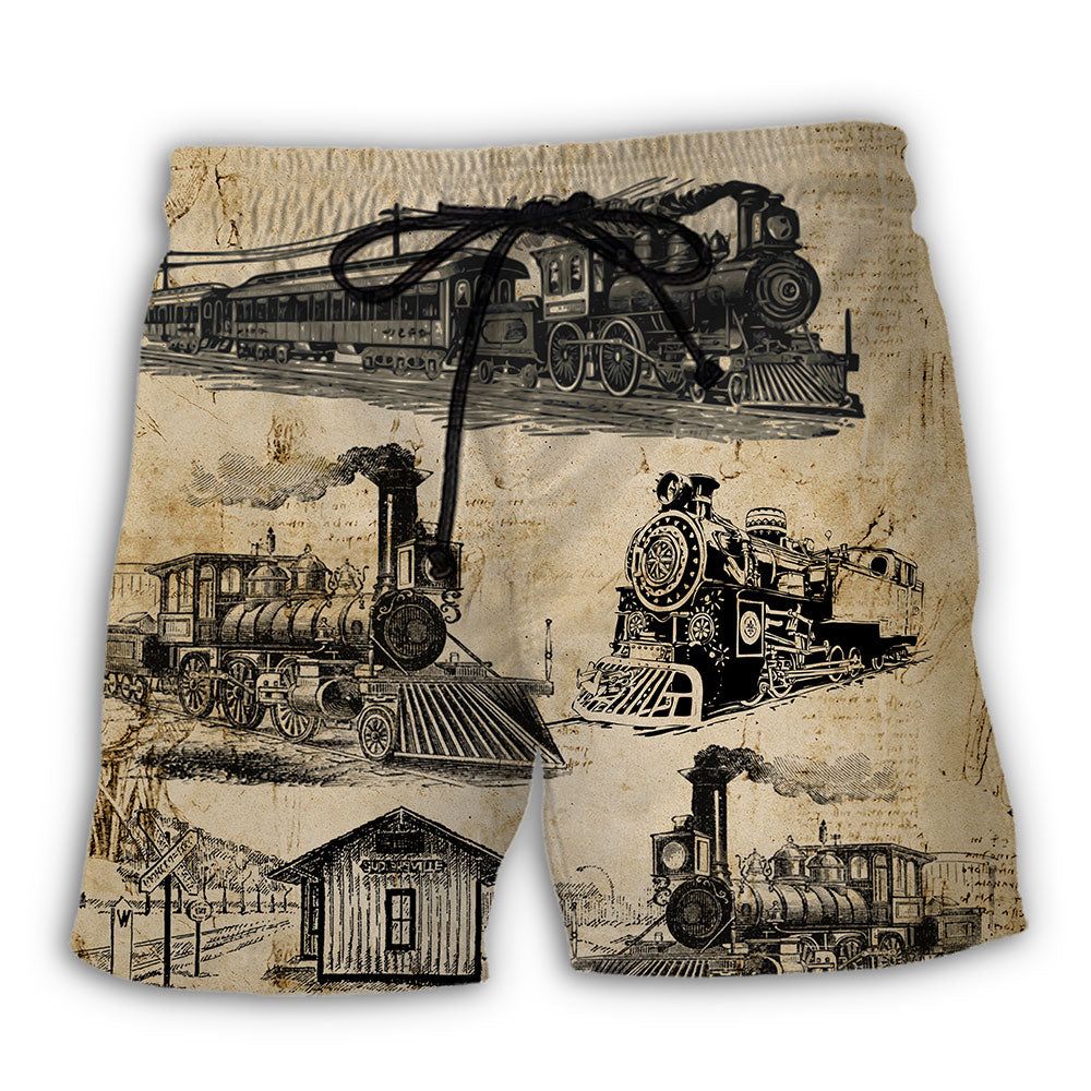 Train Vintage Art Sketch Trendy Aloha Hawaiian Beach Shorts Train Vintage Art Sketch Trendy Aloha Hawaiian Beach Shorts